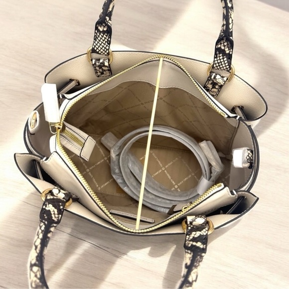 Michael Kors Large Reed CZ Belted Satchel Bag Light Cream Multi - Picture 9 of 12